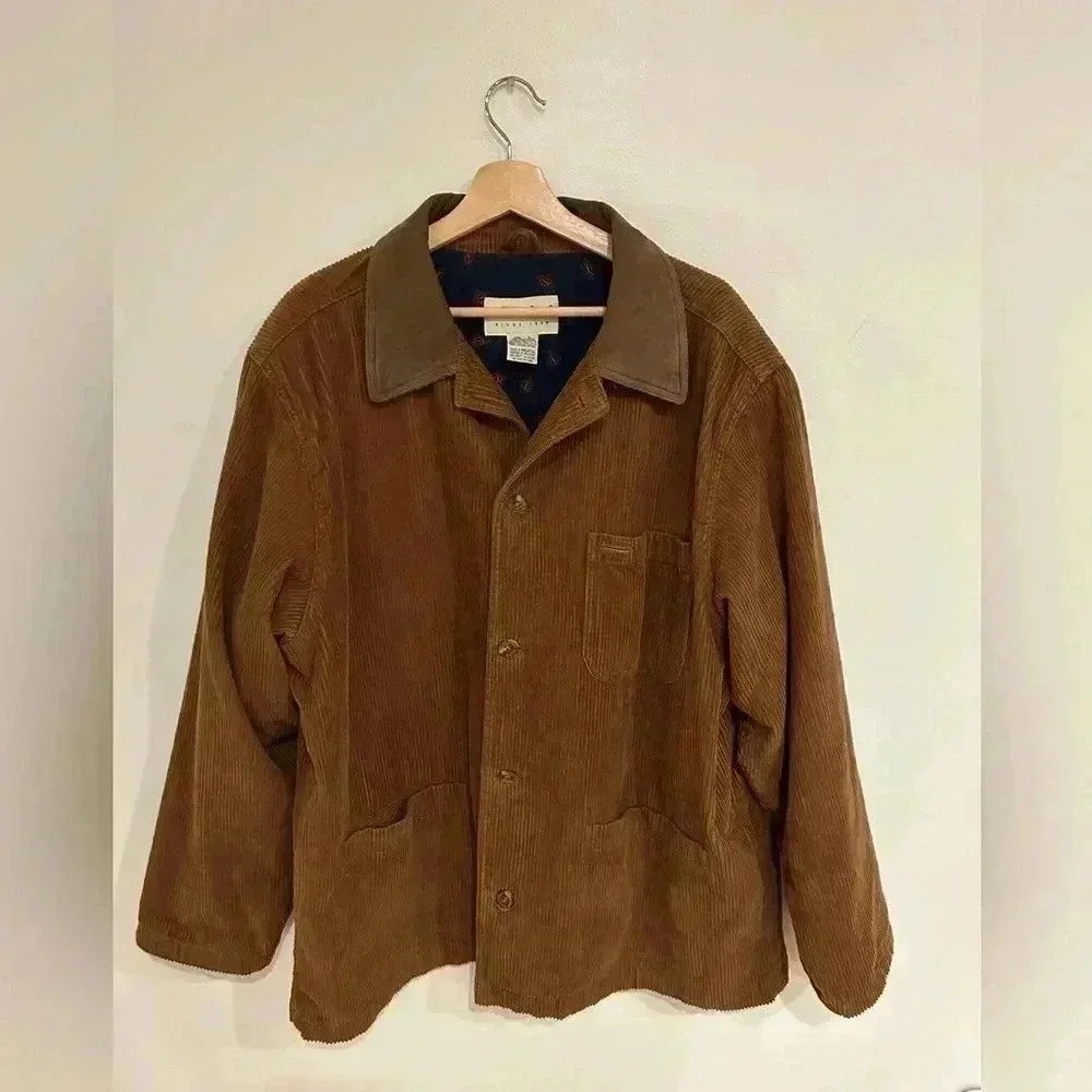 Vintage EDDIE BAUER cotton corduroy barn chore jacket leather collar sz L/ xL